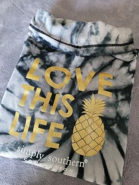 Simply Southern Ladies Love This Life Cowl Neck Black White Tie Dye Pullover Med